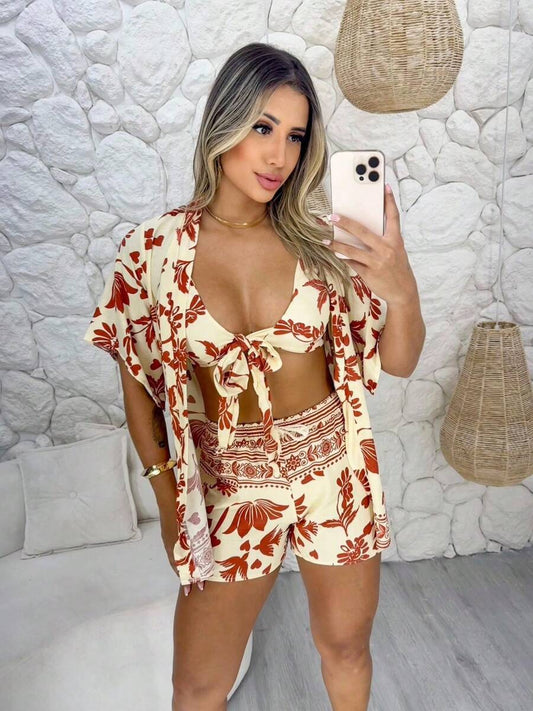 Kimono Três Peças Estampado – Cropped Solto e Confortável