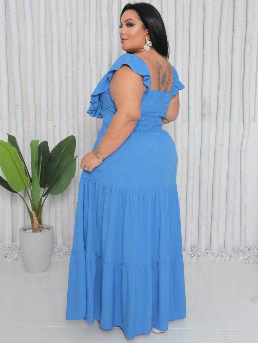 Vestido Plus Size Longo com Alça e Babado no Ombro