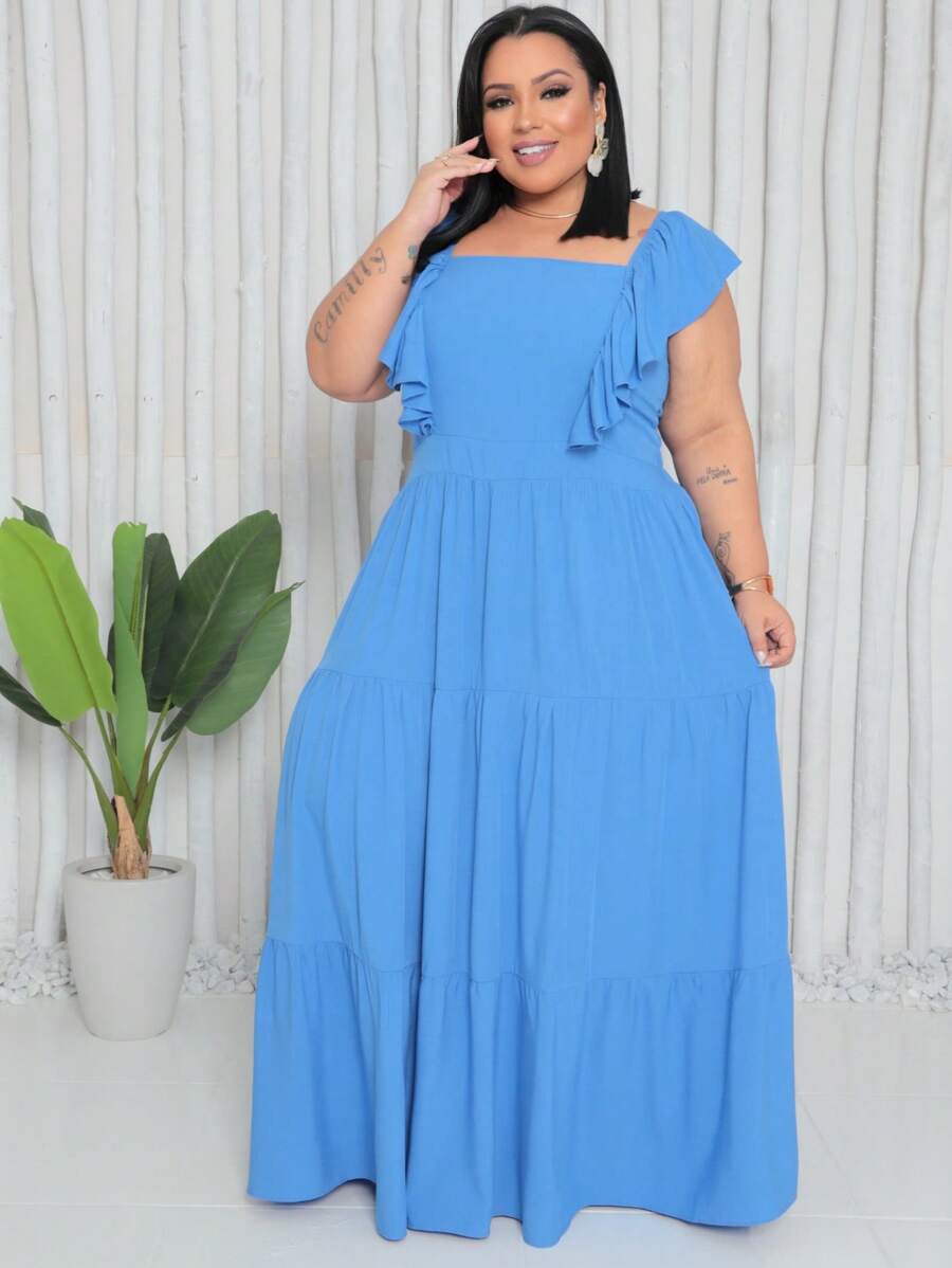 Vestido Plus Size Longo com Alça e Babado no Ombro