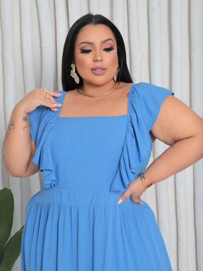 Vestido Plus Size Longo com Alça e Babado no Ombro