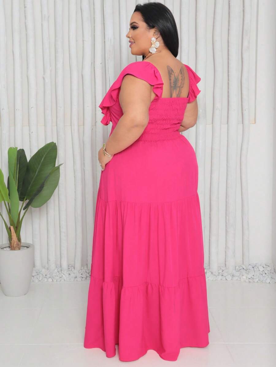 Vestido Plus Size Longo com Alça e Babado no Ombro
