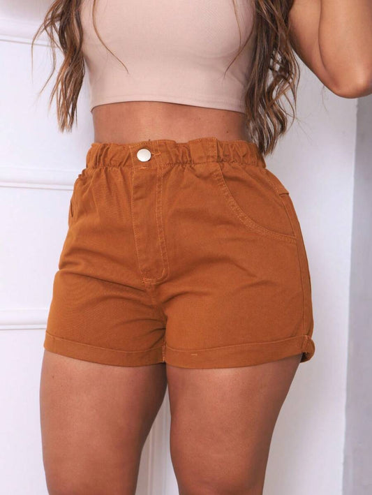 Shorts Jeans Cintura Alta com Elástico e Barra Dobrada