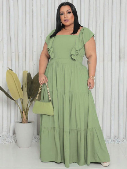 Vestido Plus Size Longo com Alça e Babado no Ombro