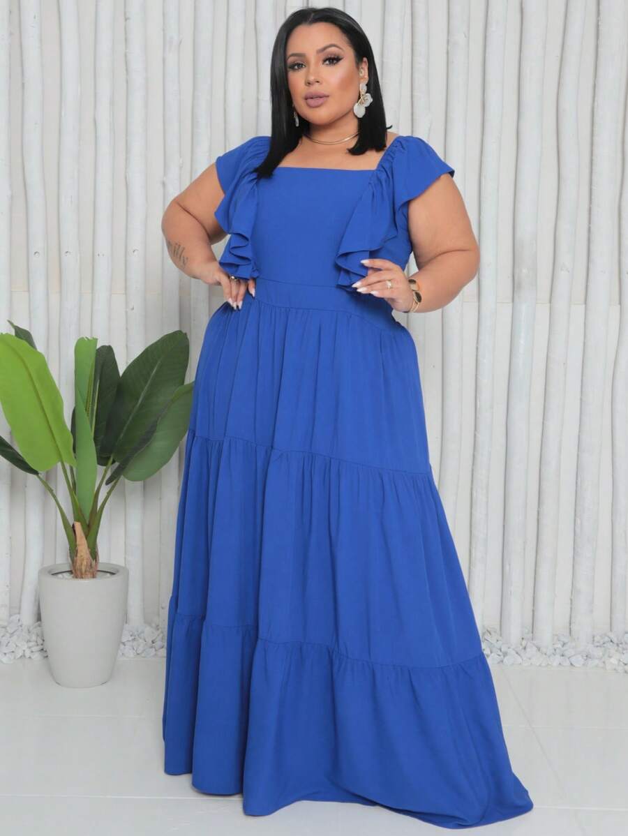 Vestido Plus Size Longo com Alça e Babado no Ombro