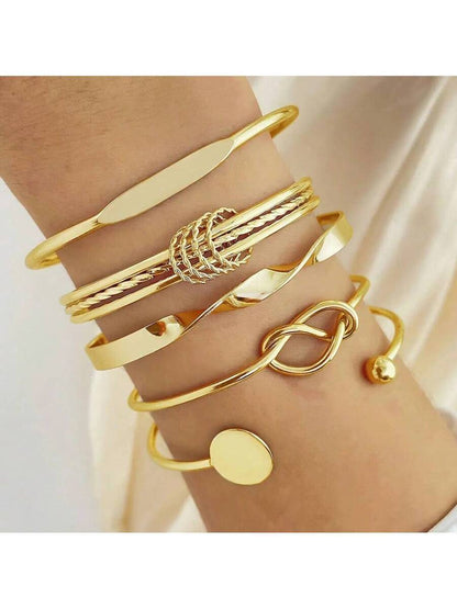 Conjunto de 5 Pulseiras Femininas Geométricas Douradas