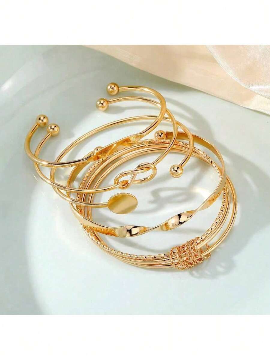 Conjunto de 5 Pulseiras Femininas Geométricas Douradas