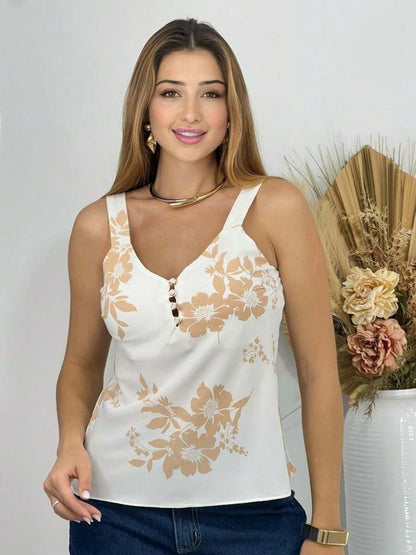 Regata Feminina Social Estampada com Botões e Alça Larga
