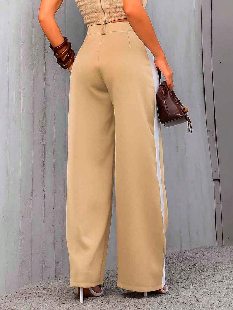 Conjunto Feminino Casual Elegante Alfaiataria Calça Pantalona e Cropped Bicolor