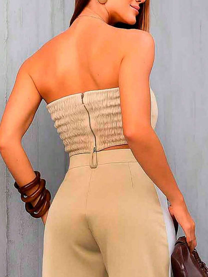 Conjunto Feminino Casual Elegante Alfaiataria Calça Pantalona e Cropped Bicolor