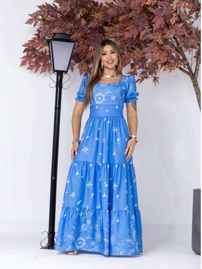 Vestido Elegante Longo Feminino Estampado com Manga Curta