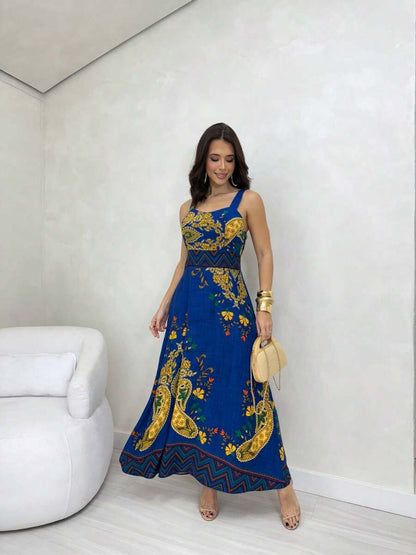 Vestido Longo Estampado com Alças Largas e Detalhes Étnicos Elegantes