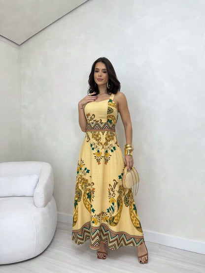 Vestido Longo Estampado com Alças Largas e Detalhes Étnicos Elegantes