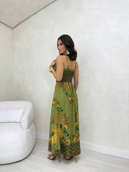 Vestido Longo Estampado com Alças Largas e Detalhes Étnicos Elegantes