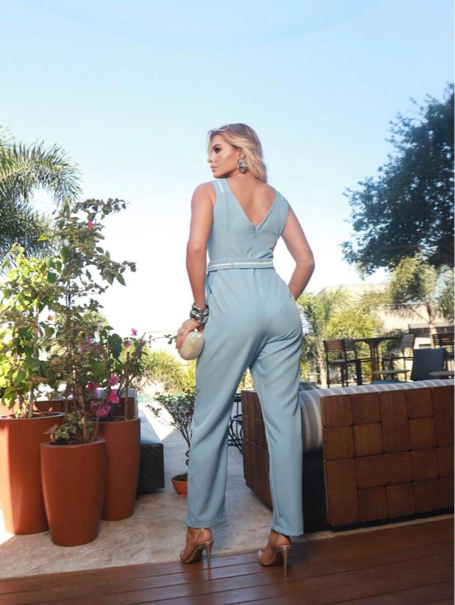 Macacão Turquesa Feminino Pantalona