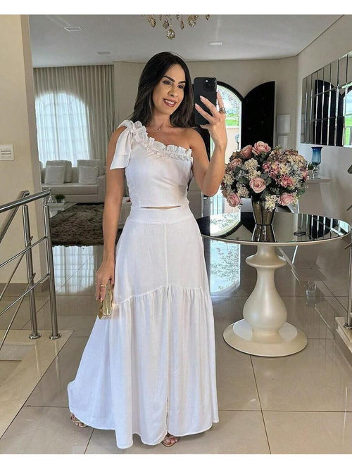 Conjunto Feminino – Cropped Assimétrico com Bojo e Saia Longa