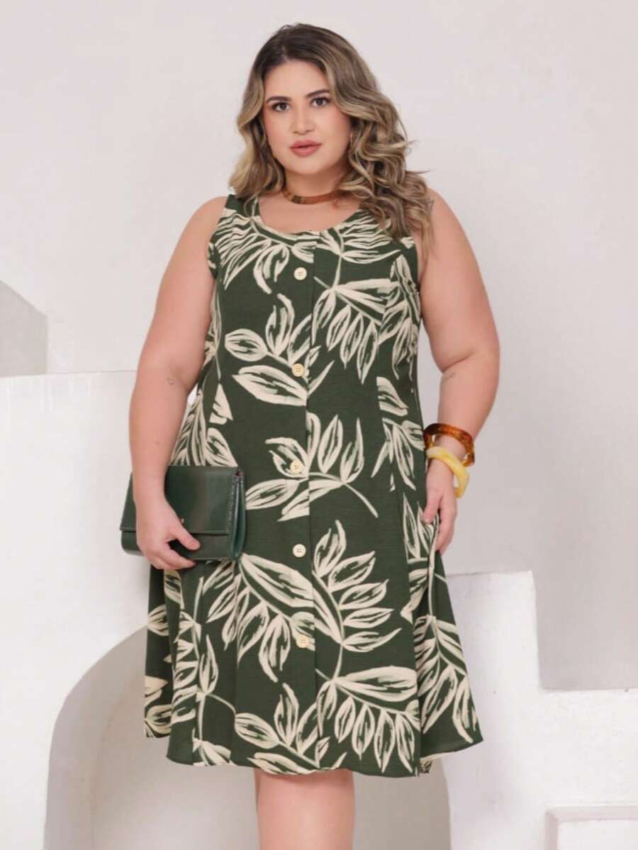 Vestido Plus Size Estampado Regata com Botões