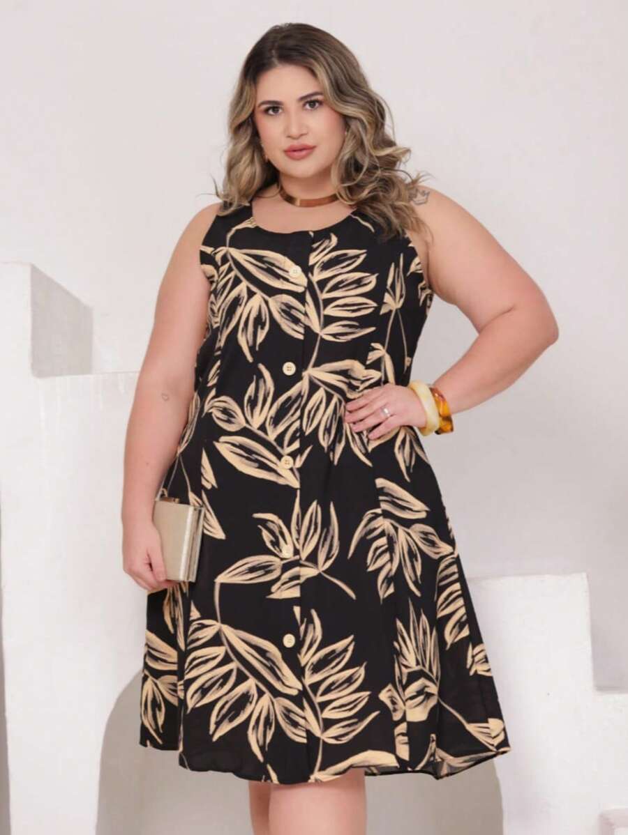 Vestido Plus Size Estampado Regata com Botões