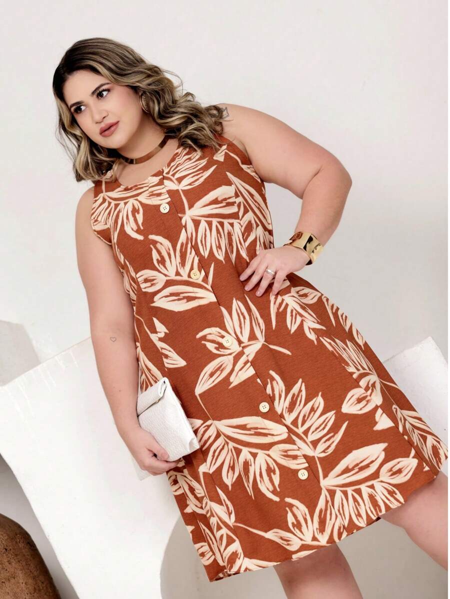 Vestido Plus Size Estampado Regata com Botões