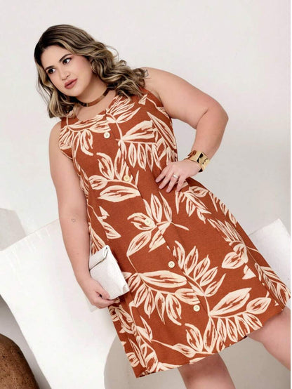 Vestido Plus Size Estampado Regata com Botões