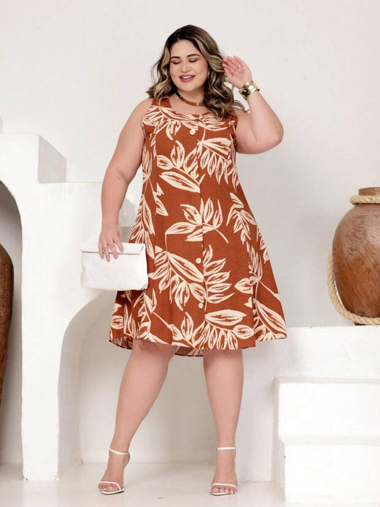 Vestido Plus Size Estampado Regata com Botões