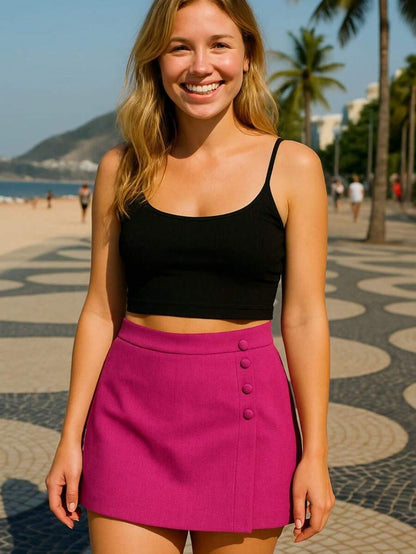 Short Saia Feminino em Linho com Botões e Cintura Alta