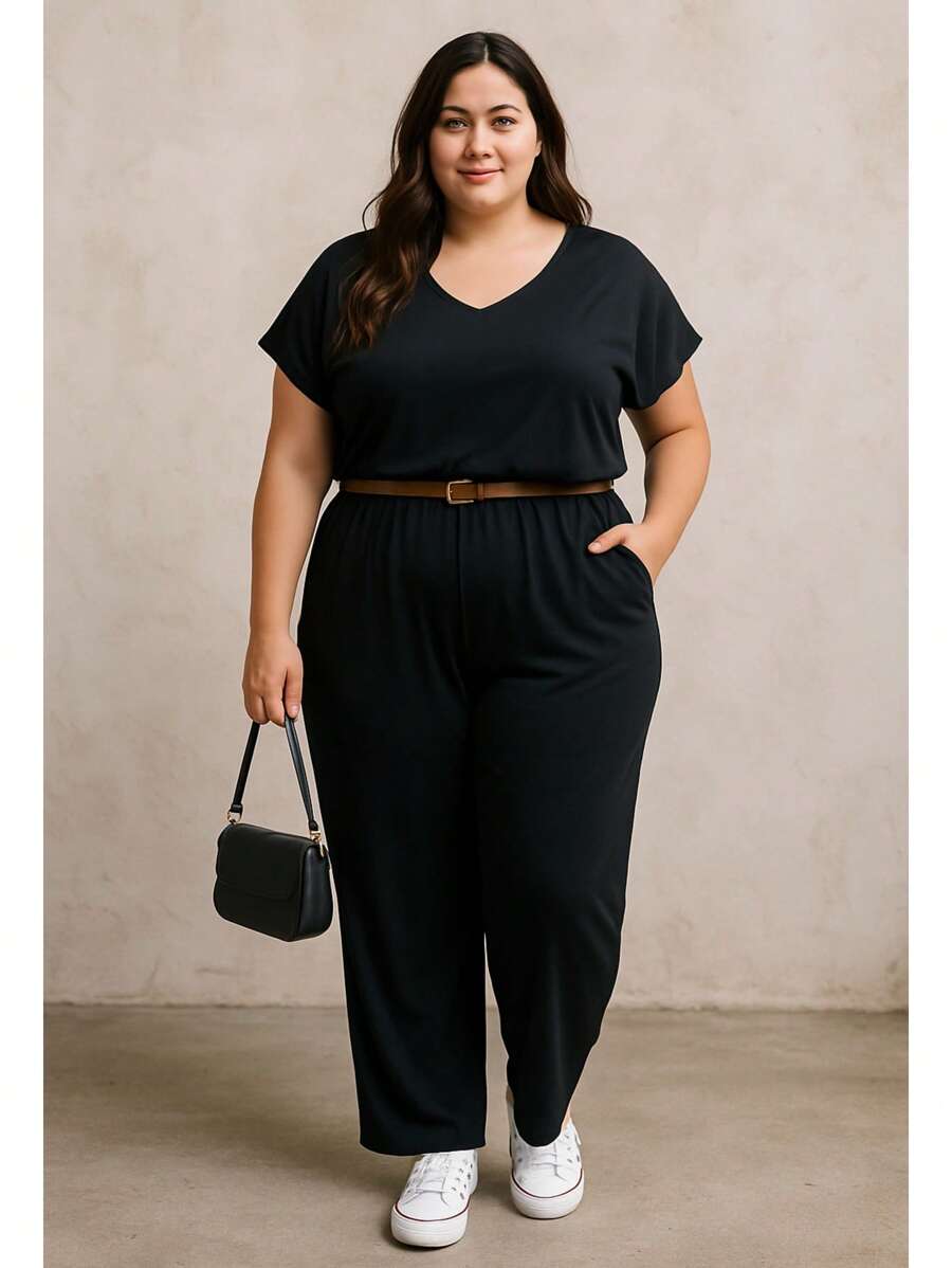 Macacão Plus Size Pantalona Forrado com Manga Curta