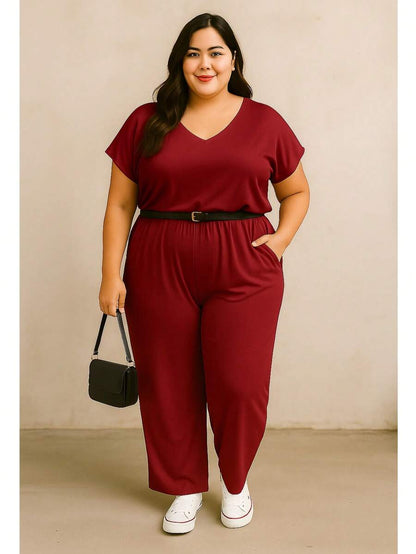 Macacão Plus Size Pantalona Forrado com Manga Curta