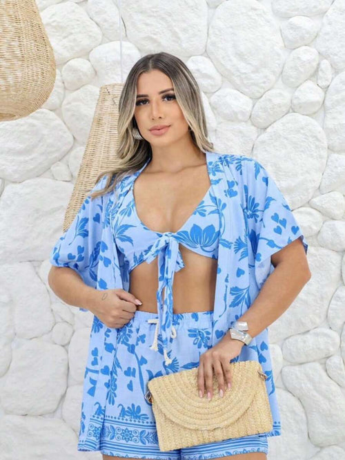 Kimono Três Peças Estampado – Cropped Solto e Confortável