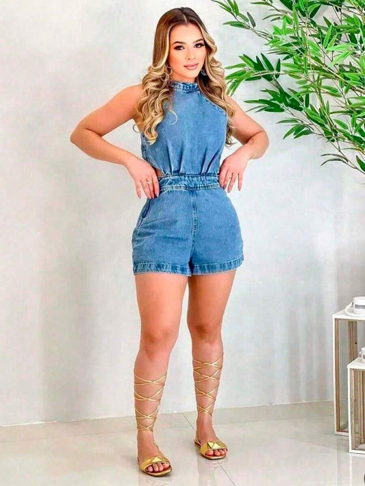 Macaquinho Jeans Frente Única Feminino