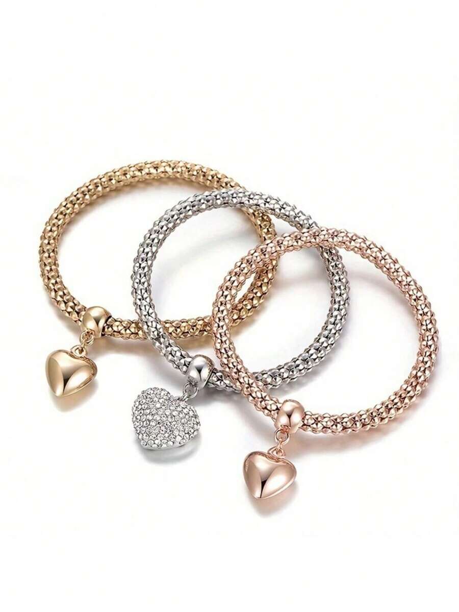 Conjunto de 3 Pulseiras Femininas Minimalistas com Coração