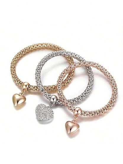 Conjunto de 3 Pulseiras Femininas Minimalistas com Coração