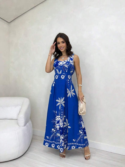 Vestido Longo Estampado com Alças Largas e Detalhes Étnicos Elegantes