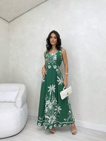 Vestido Longo Estampado com Alças Largas e Detalhes Étnicos Elegantes
