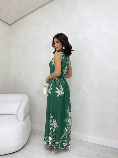 Vestido Longo Estampado com Alças Largas e Detalhes Étnicos Elegantes