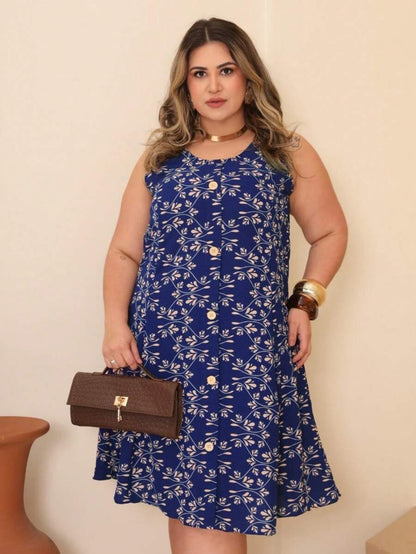 Vestido Plus Size Estampado Regata com Botões