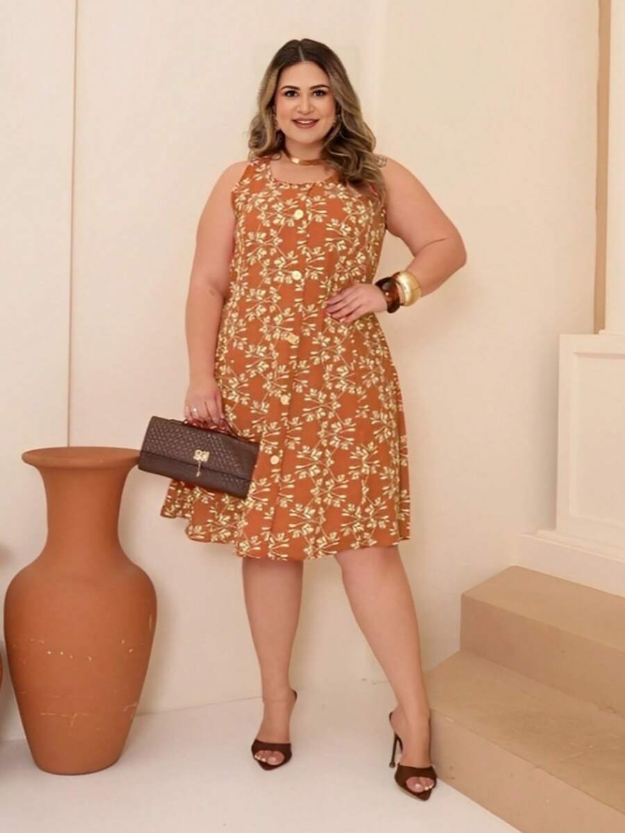 Vestido Plus Size Estampado Regata com Botões