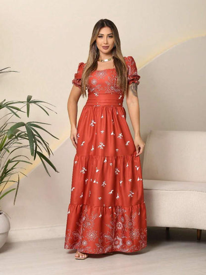 Vestido Elegante Longo Feminino Estampado com Manga Curta