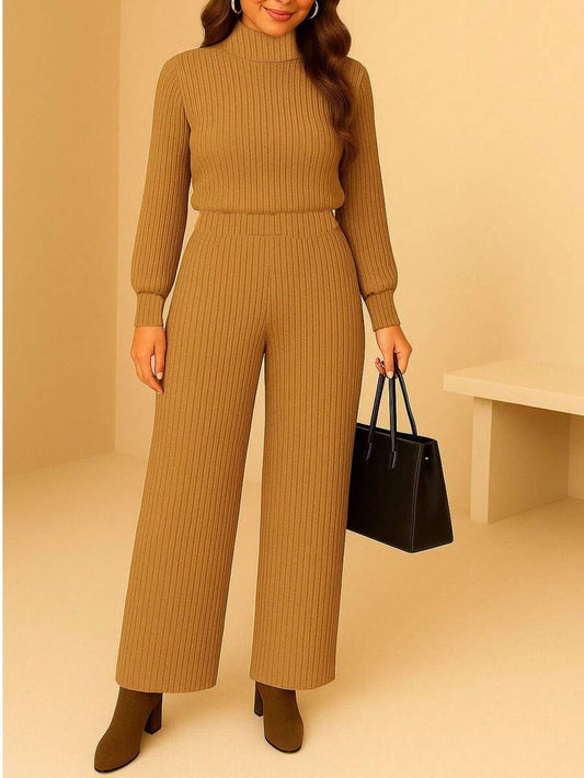 Conjunto Feminino de Inverno com Blusa de Manga Longa e Calça Cintura Alta