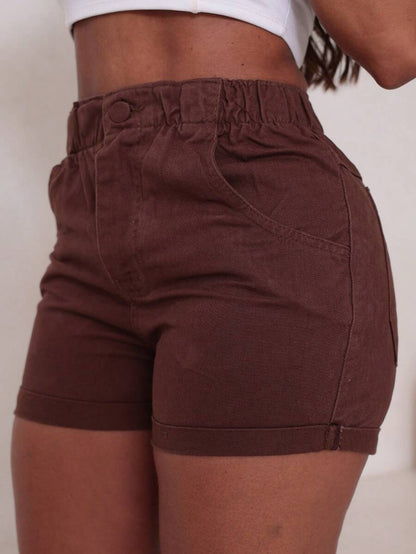 Shorts Jeans Cintura Alta com Elástico e Barra Dobrada