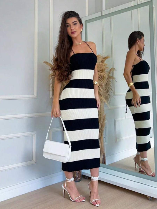 Vestido Listrado Feminino Carol com Costas Trançadas