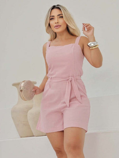 Macaquinho Feminino Giovana em Linho com Cinto e Bolsos