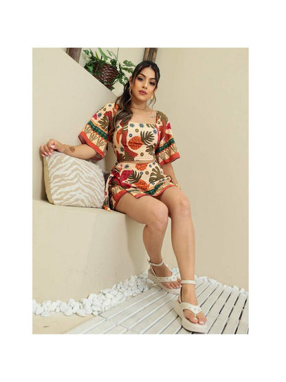 Conjunto Moda Gringa Estampado Floral Tropical – Cropped com Amarração + Short Saia