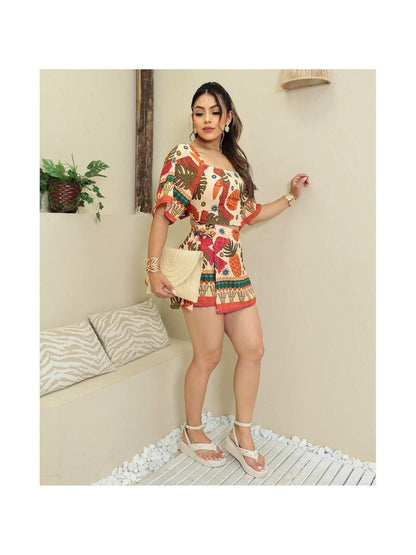 Conjunto Moda Gringa Estampado Floral Tropical – Cropped com Amarração + Short Saia