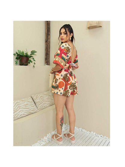 Conjunto Moda Gringa Estampado Floral Tropical – Cropped com Amarração + Short Saia