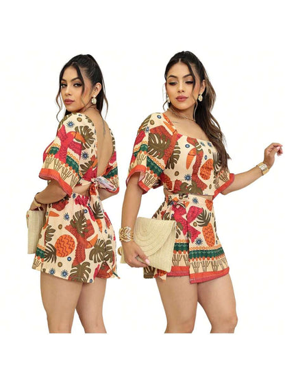 Conjunto Moda Gringa Estampado Floral Tropical – Cropped com Amarração + Short Saia