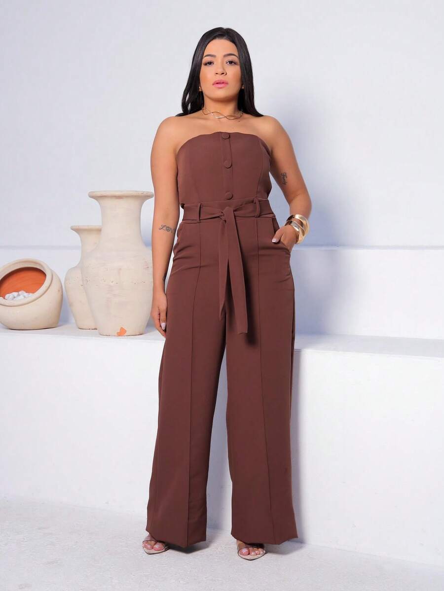 Macacão Feminino Alfaiataria Pantalona Tomara que Caia