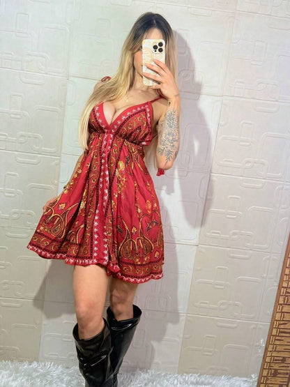 Vestido Feminino Curto Bordado Boho Costas Nua Modelo Indiano