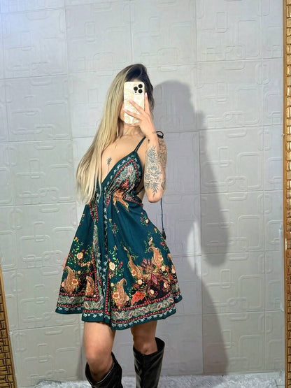 Vestido Feminino Curto Bordado Boho Costas Nua Modelo Indiano