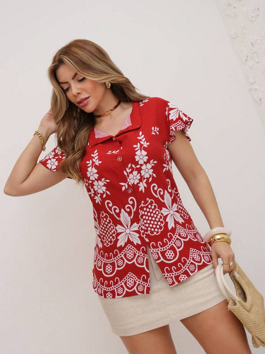 Blusa Casual Feminina com Manga Curta e Estampa Floral