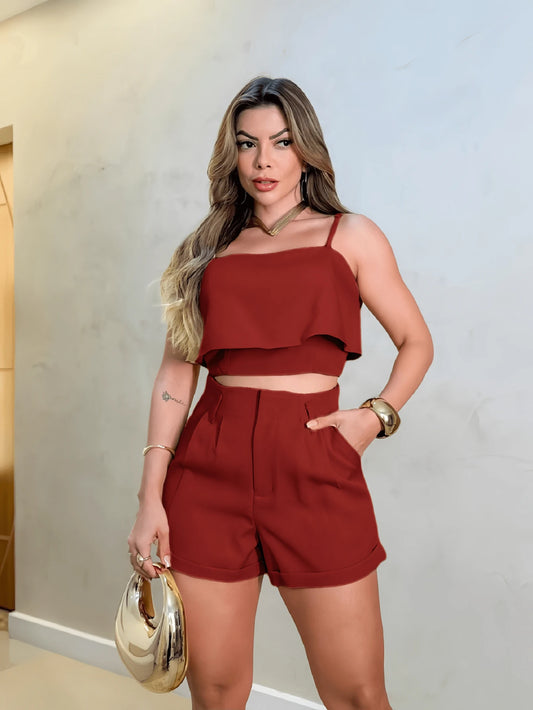 Conjunto Feminino Alfaiataria 2 Peças: Regata Sem Mangas e Short Sólido